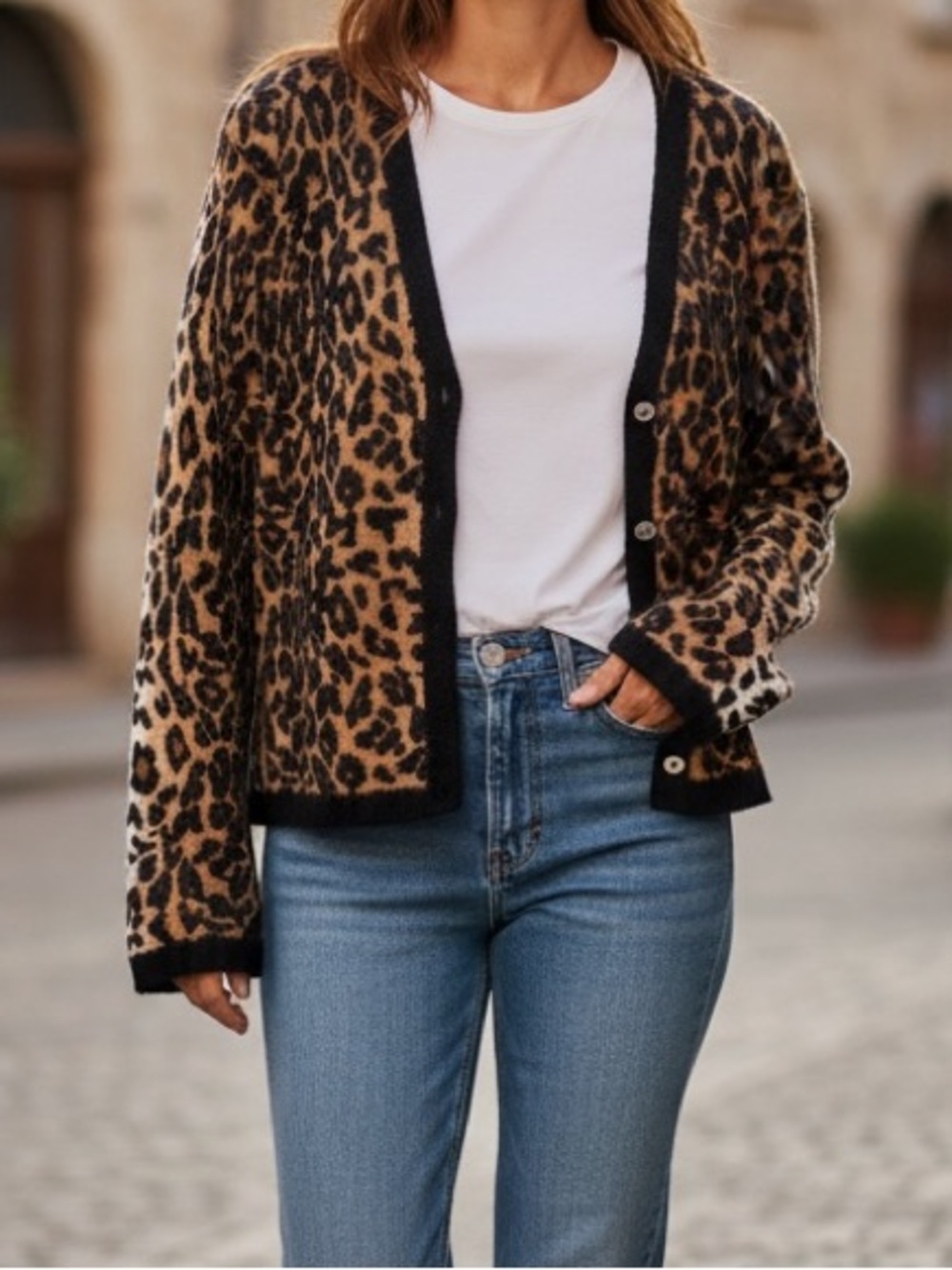 Vintage Y2K Leopard Animal Print Wool Button Front Bell Sleeve Cardigan Sweater